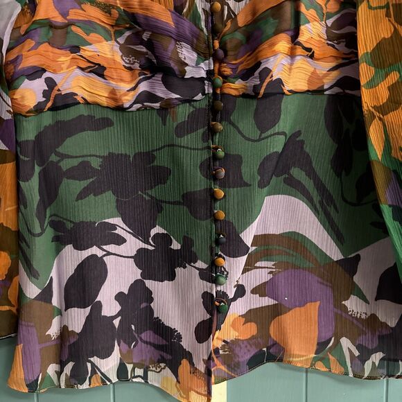 BCBGmaxazria Floral Print SILK Peasant Blouse Women’s Size L Large Chiffon - Picture 2 of 11